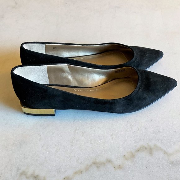 New! Tahari Eda black suede pointed toe flats / shoes with gold trim, block heel - Picture 4 of 13